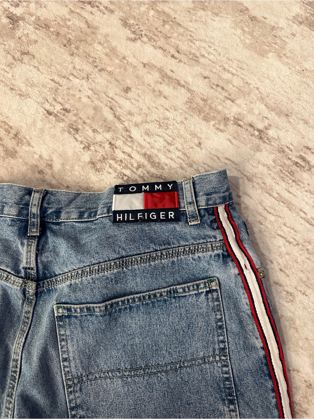 Vintage Tommy Hilfiger Blue Denim Shorts with Red-White-Navy Stripe - Picture 5 of 5